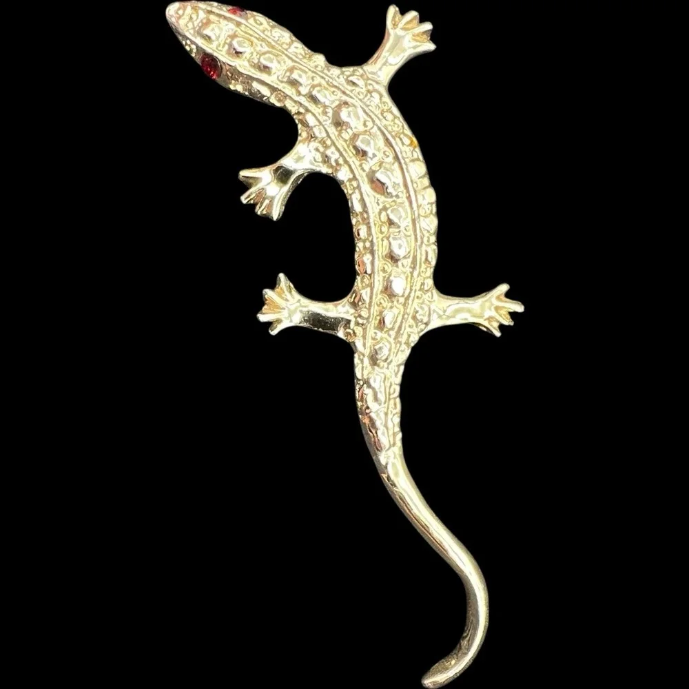 Vintage Lizard Gecko Salamander Gold Tone Red Eyes‎ Signed Gerry Brooch